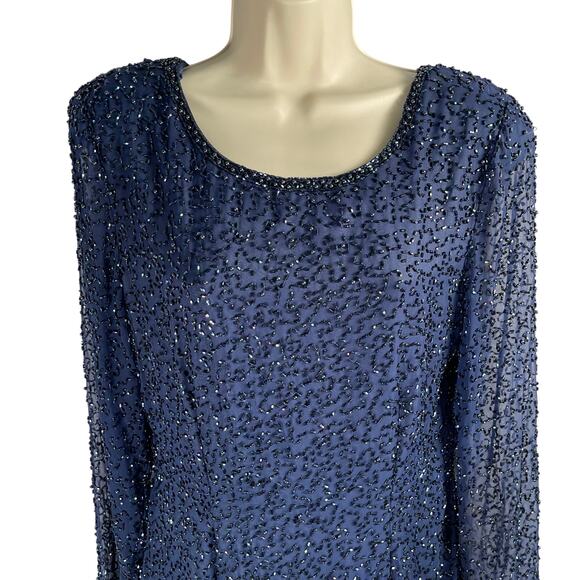 Vintage Peak Evenings Dress Womens 8 Navy Beaded Long Sheer Sleeves Maxi - Picture 2 of 13